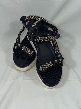 ShoeDazzle Branwen Black Gold Chain Platform Wedge Gladiator Strappy Sandals 11
